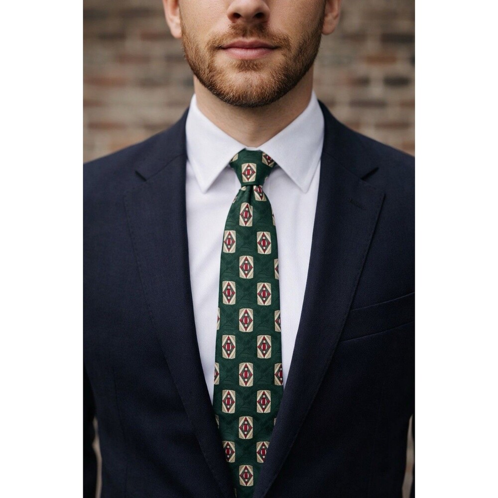 🔥 OAK CREEK GREEN GEOMETRIC SILK TIE MADE IN USA CLASSIC MENSWEAR EUC 🔥